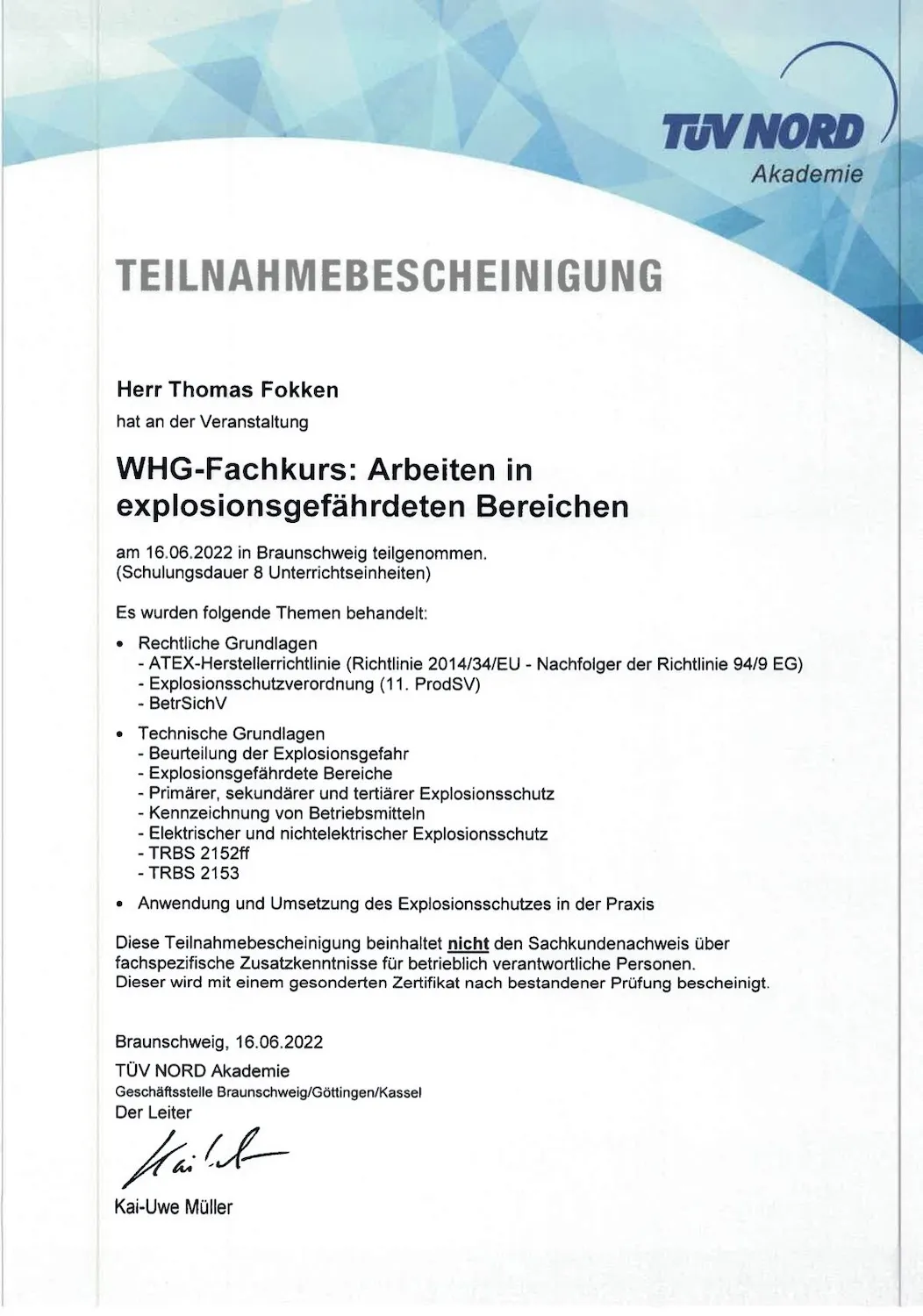 Zertifikat „Arbeiten an Anlagen mit Explosionsgefahr“ von Engelmann Services GmbH